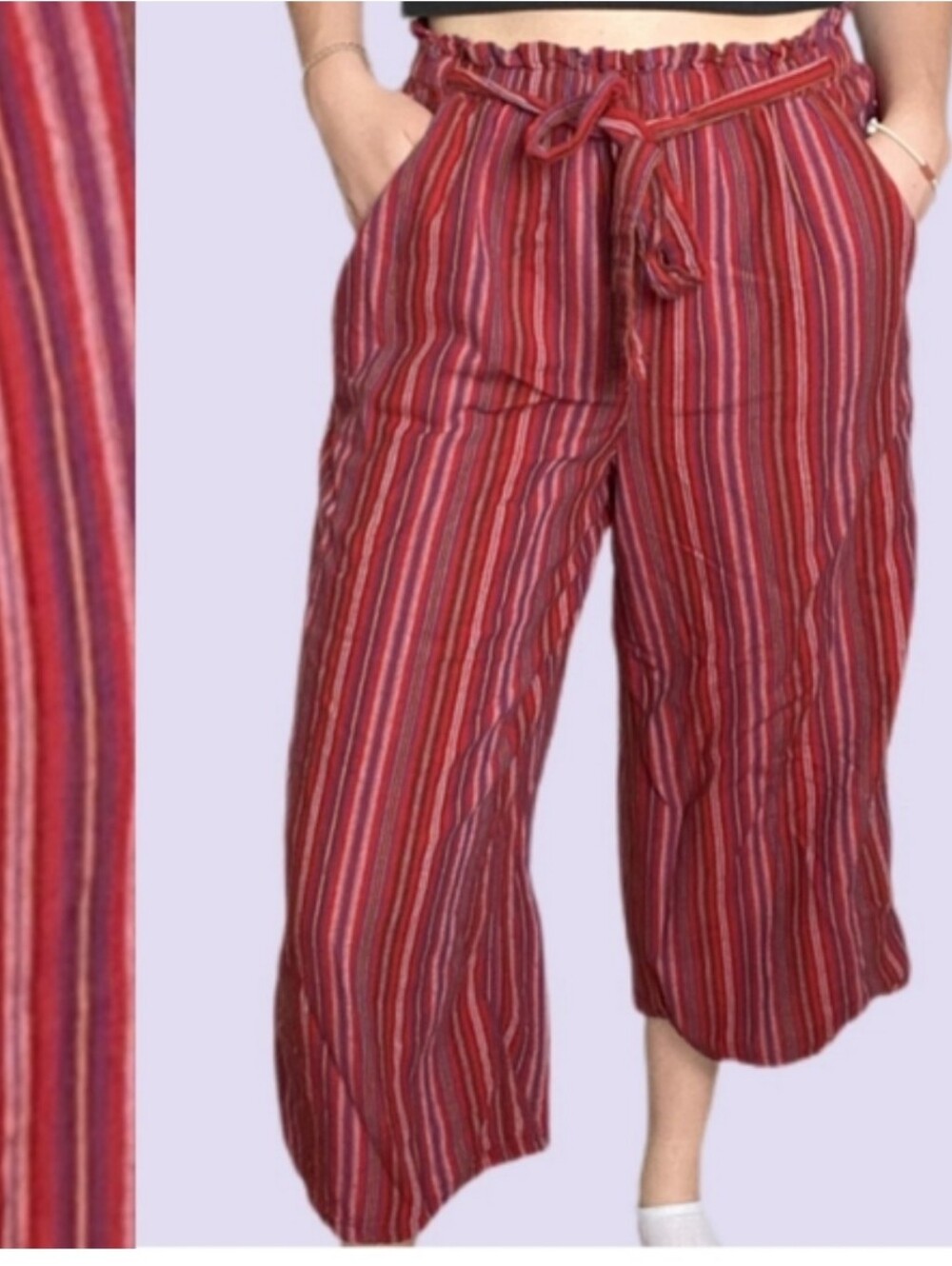 AEO American Eagle Boho Stripe Paper Bag Waist Crops Sz S